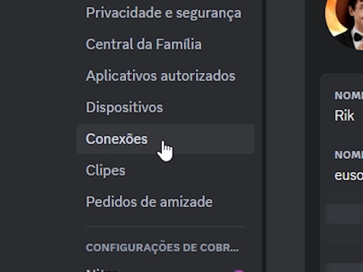 Menu de configurações do Discord com a opção Conexões