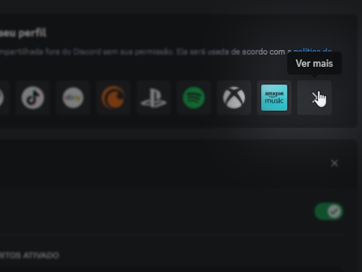 Lista de contas para adicionar ao perfil do Discord, com o botão Ver mais