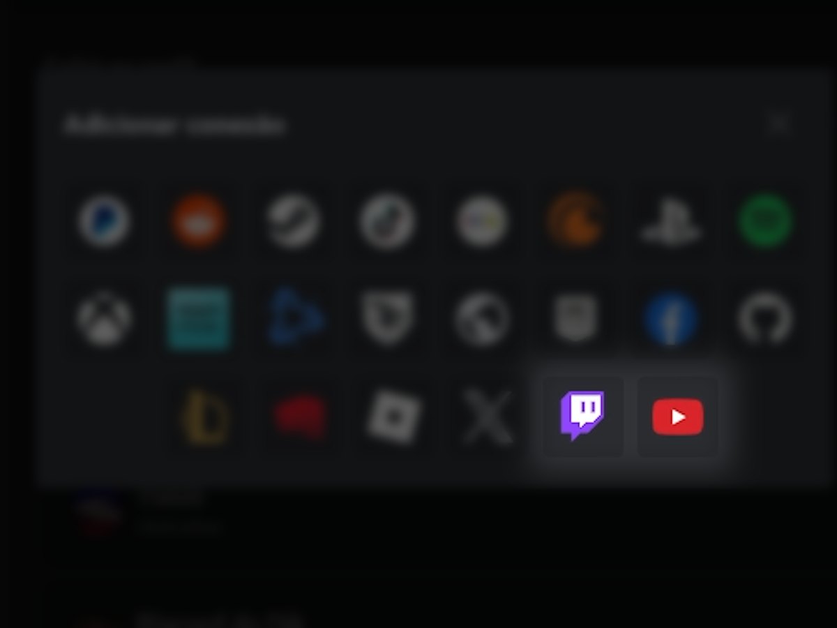 Janela Adicionar conexão com Twitch e YouTube em destaque