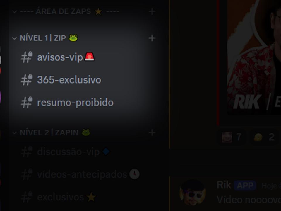 Canais do Nível 1 no Discord: avisos-vip, 365-exclusivo e resumo-proibido