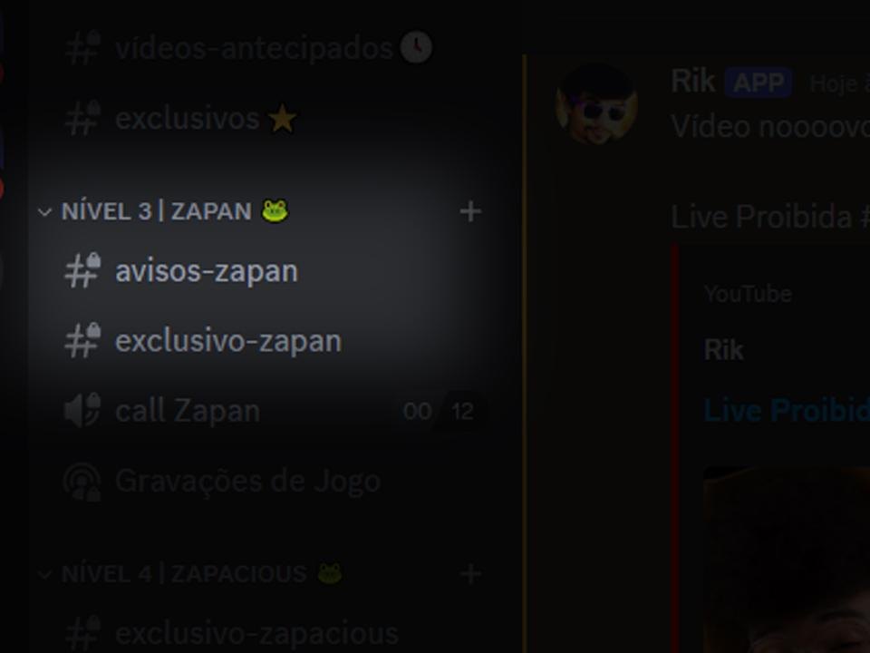 Canais do Nível 3 no Discord: avisos-zapan e exclusivo-zapan