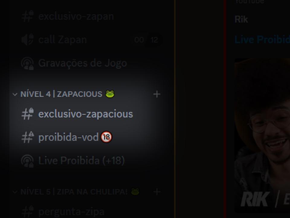 Canais do Nível 4 no Discord: exclusivo-zapacious, proibida-vod e Live Proibida