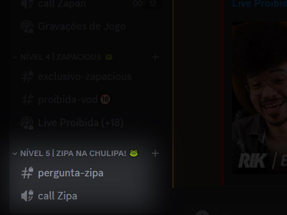 Canais do Nível 5 no Discord: pergunta-zipa e call Zipa