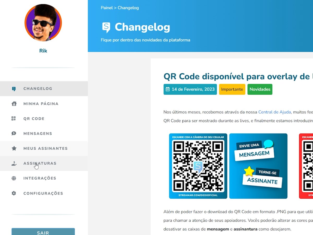 Painel do Streamar logado, com o menu lateral à esquerda