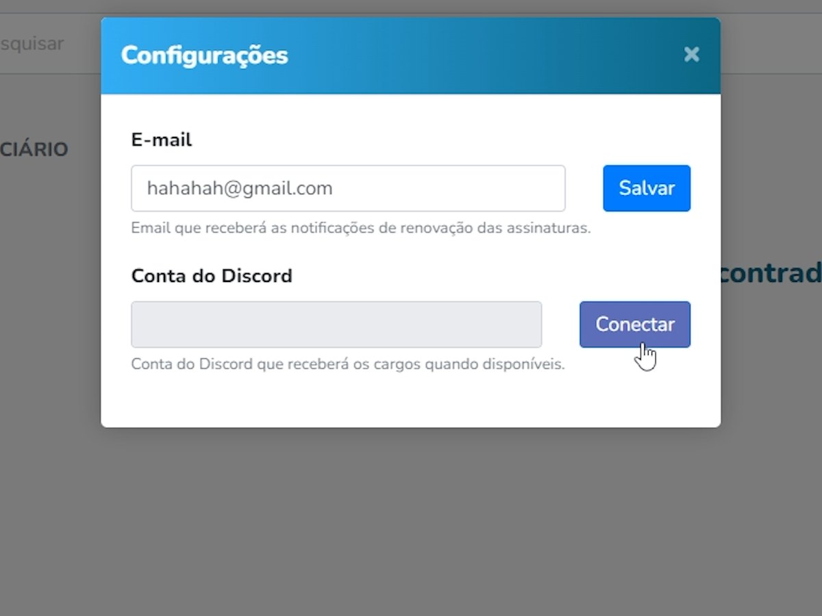 Janela de configurações do Streamar com o campo Conta do Discord e o botão Conectar